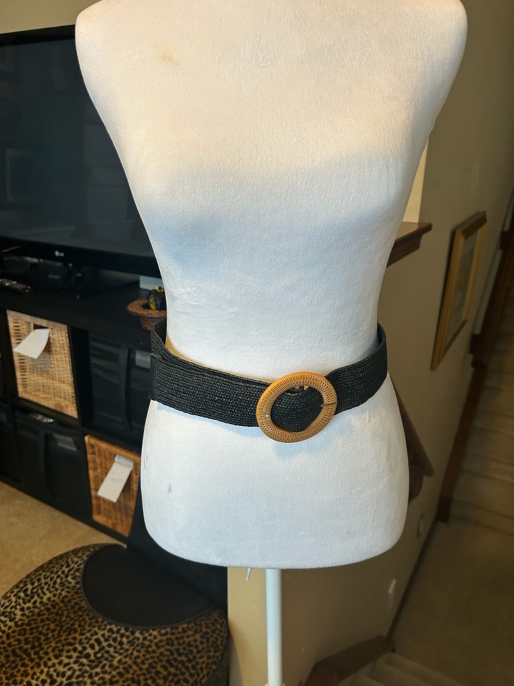 Black Woven Rattan stretch Waist Belt with Round Tan Buckle